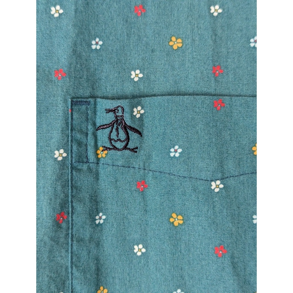 Original Penguin Shirt Mens XL Teal Floral Button Front Short Sleeve Pocket - Picture 2 of 9
